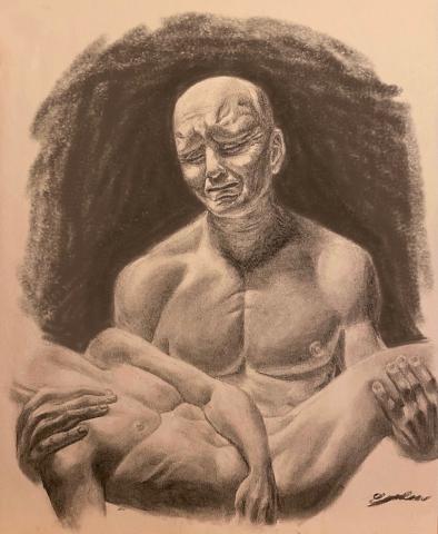 ”Charcoal drawing of the sculpture “Pietà” by Jago.”